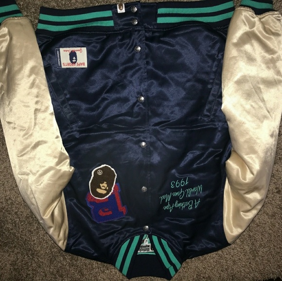 Bape multi emblem satin varsity jacket